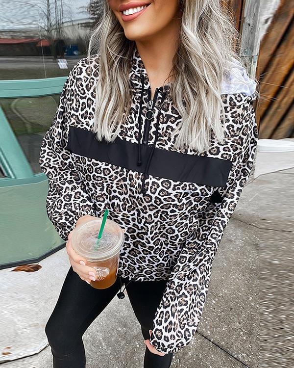 Women Casual Loose Leopard Zipper Design Hoodies