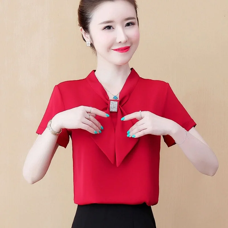 2021 Summer Bow Loose Solid Women Blouses and Tops Solid Bottom Shirts Elegant Fashion Short Sleeve Chiffon Women Shirts 9529