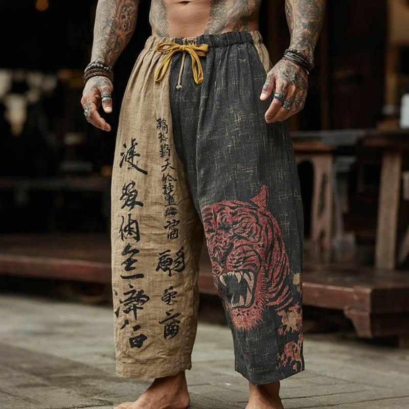 Men's Japanese Tiger Art Contrast Color Linen Pants  artssus