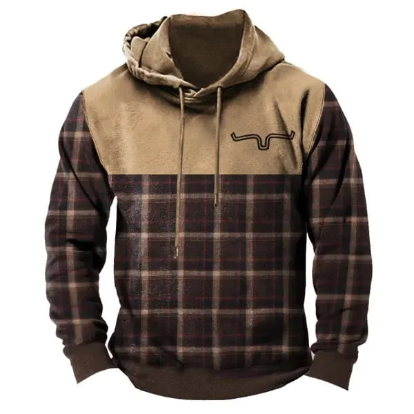 Men's Vintage Plaid Western Color Block Hoodie