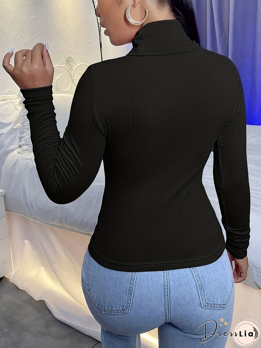 Solid Turtleneck Slim T-Shirt, Versatile Long Sleeve T-Shirt For Spring & Fall, Women's Clothing