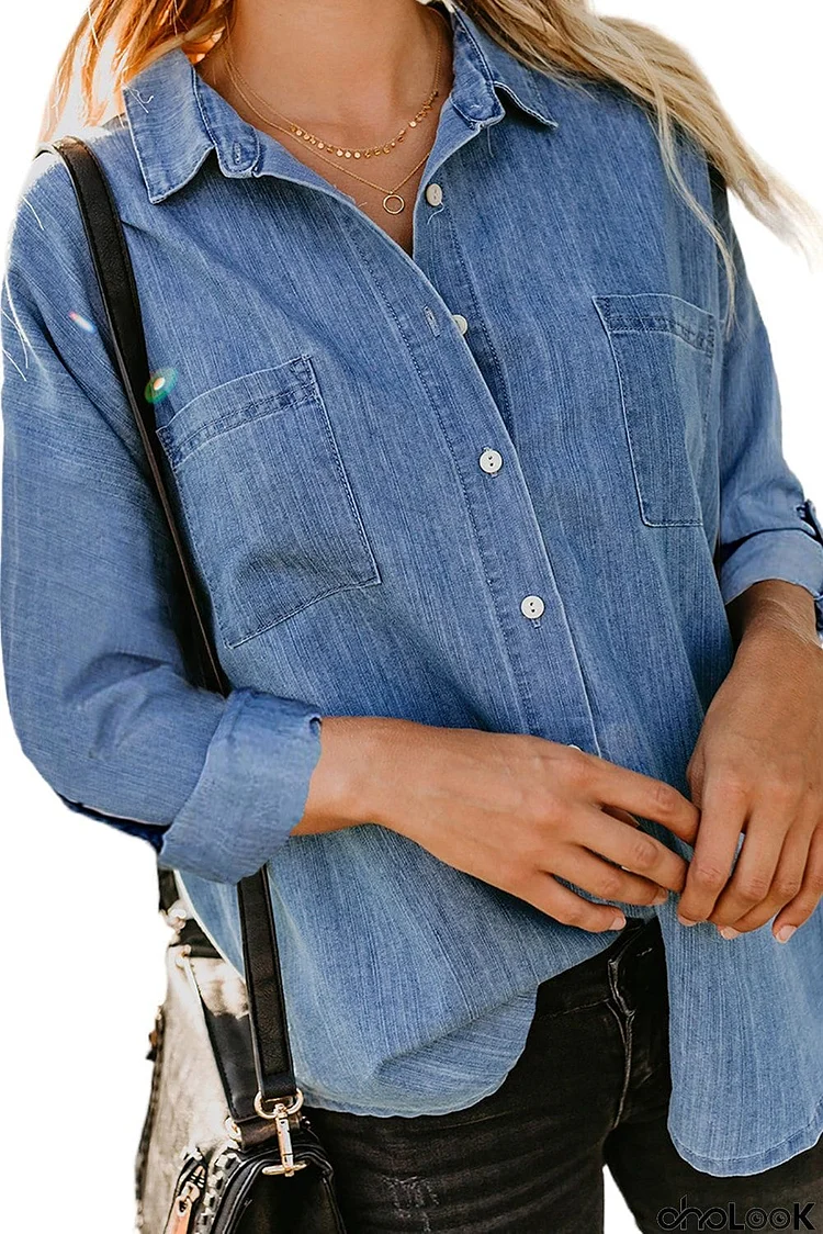 Turn Down Collar Buttoned Long Sleeve Denim Shirt