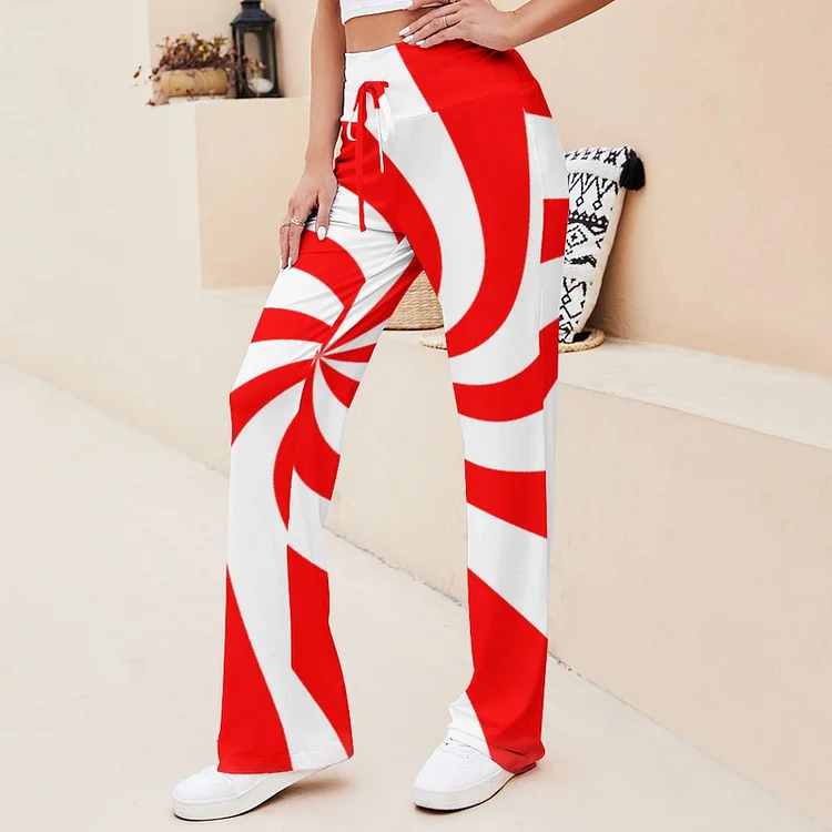 Big Red White Peppermint Candy Cane Christmas Flared Pants Trousers Women Flowy Wide Leg Hippie Stretchy Palazzo Pants - Heather Prints Shirts