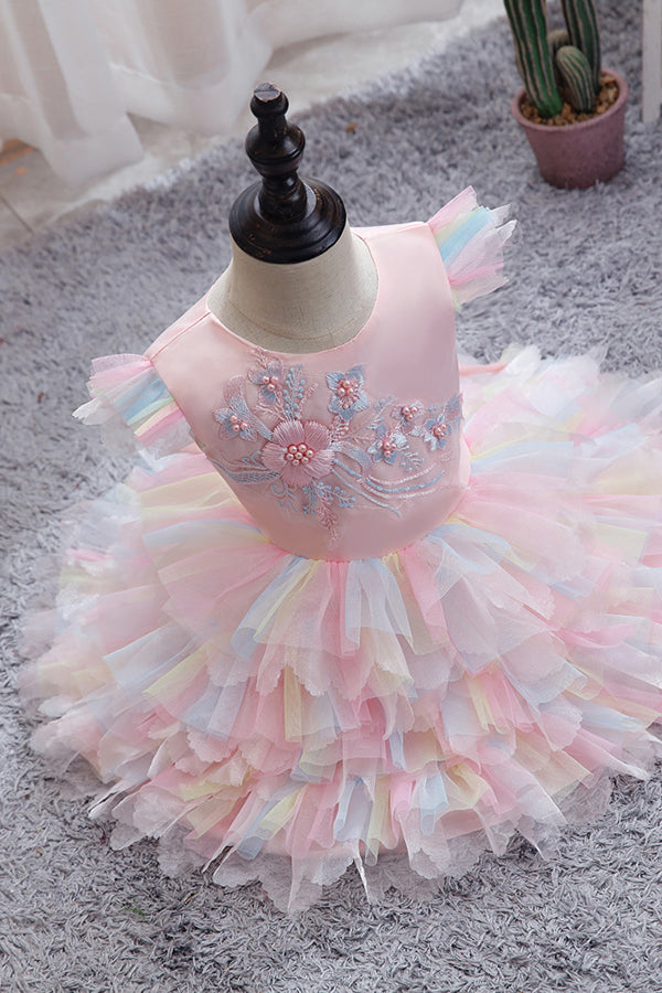 Oknass Yellow Tulle Ruffles Flower Girl Dress Ball Gown Wedding Appliques