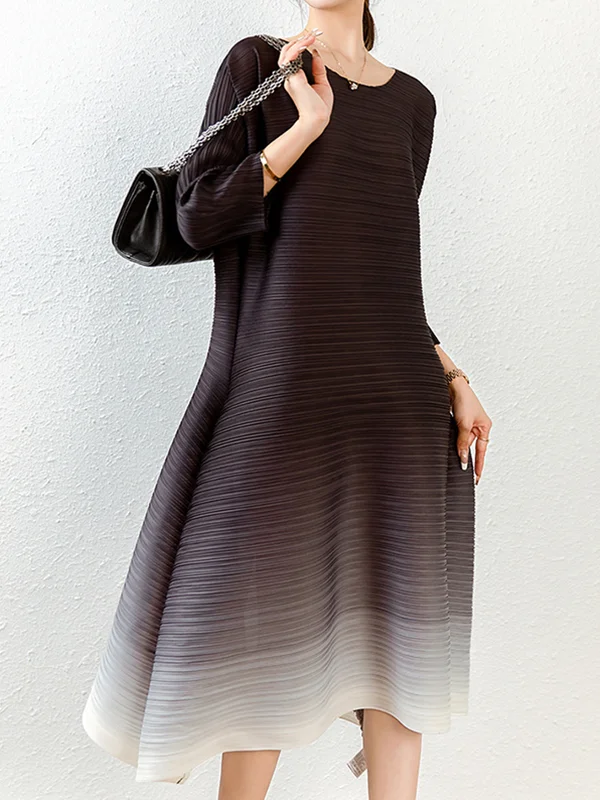 Fashion Roomy Round-Neck Gradient Pleated Midi Dress