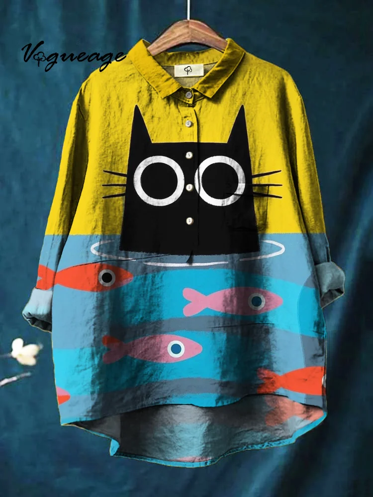 Colorful Cartoon Hand Drawn Cat Fish Print Cotton And Linen Shirt