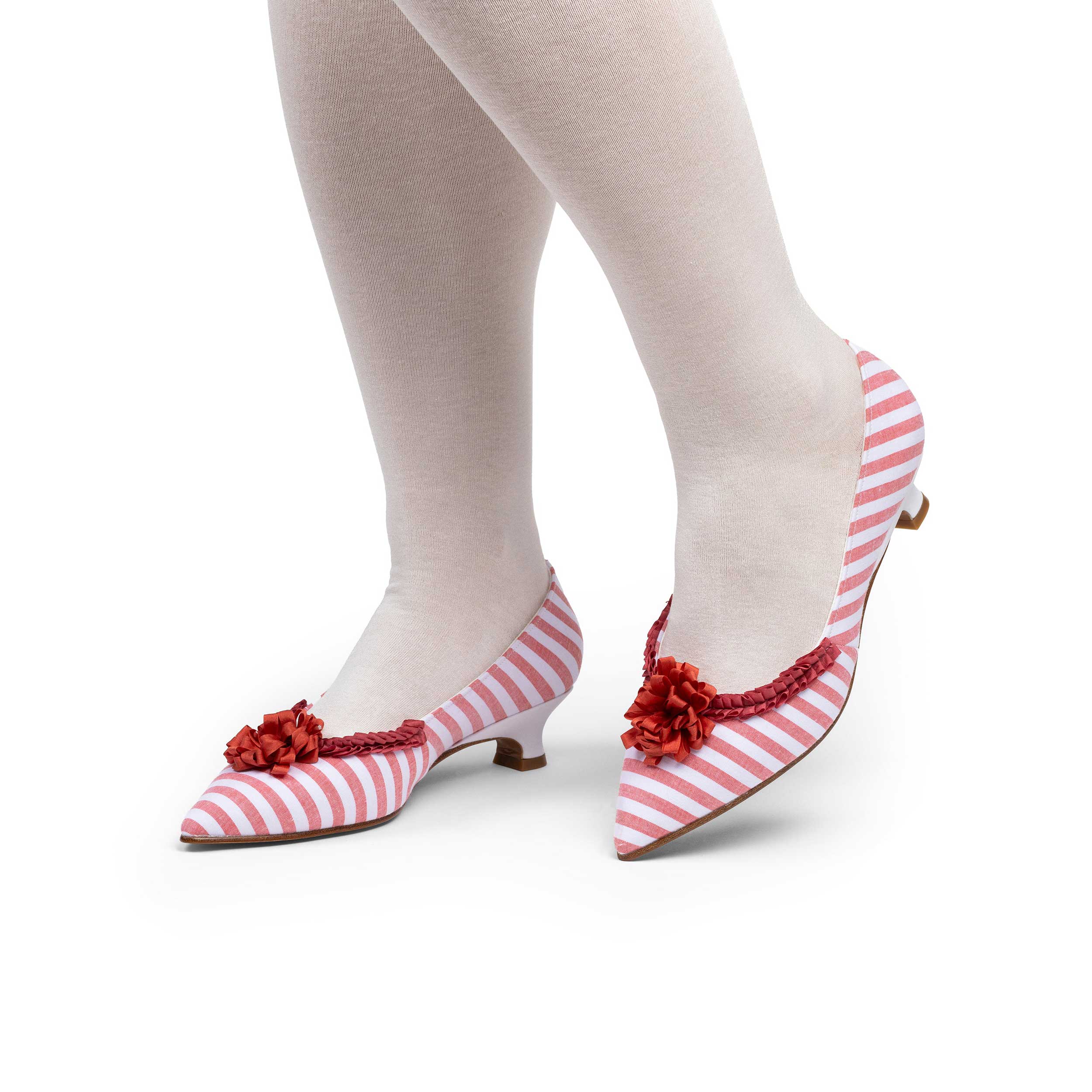 Red & White Striped Spool Heel Pumps Shoes with Floral Pleated Trim Nicepairs