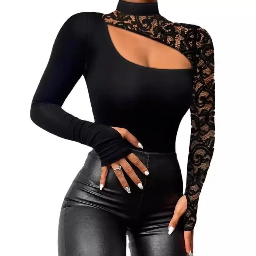 Wongn Wongn Spring And Autumn Sexy Off-The-Shoulder Lace Irregular Long-Sleeved T-Shirt Hanging Neck Women's Sexy T-Shirt