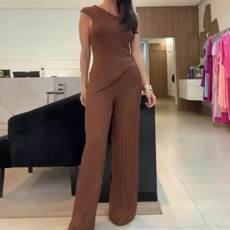 Ueong Ueong 2024 New Solid Color Diagonal Collar Stripe Elastic Slim Knit Sweater Pants Suit Women