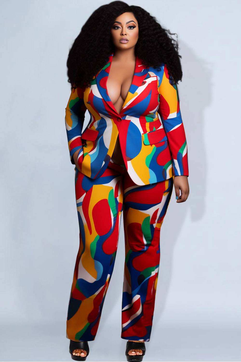 Design Plus Size Semi Formal Elegant Multicolor Geometric Turndown Collar Long Sleeve Pocket Two Piece Suit Pant Sets [Pre-Order]