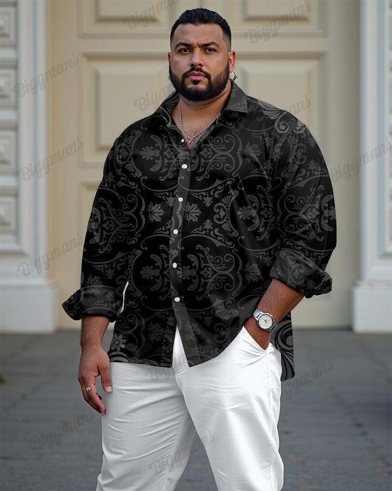High-end Jacquard Vintage Texture Long Sleeve Lapel Shirt Men's Plus Size