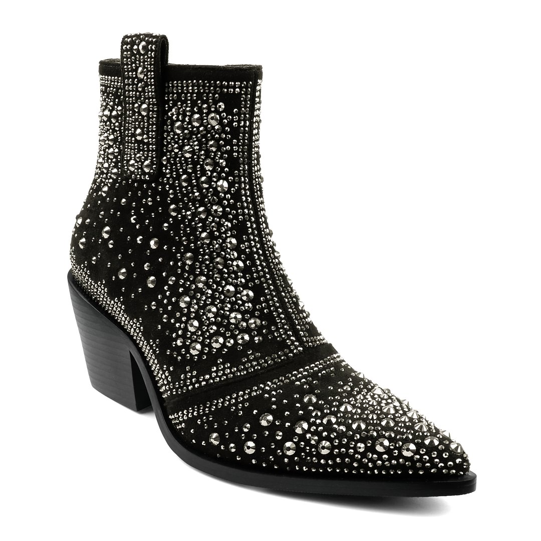 2.56" Women's Rhinestone Western Cowboy Boots Pointed Toe Block Heel Sparkly Ankle Boots-MERUMOTE