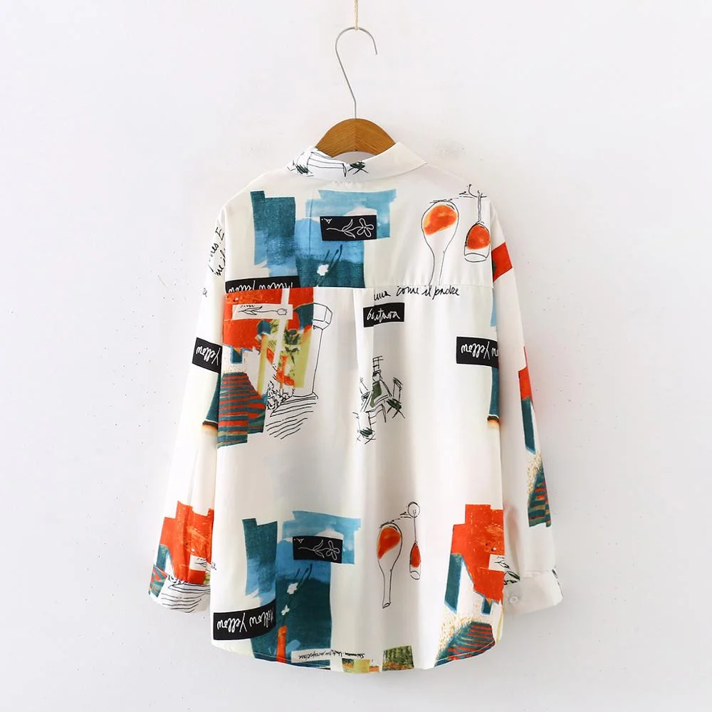 New Arrival Retro Graffiti Print Oversize Turn-Down Collar Chiffon Blouse Button Up Casual Loose Shirt Feminina Blusa T99009F