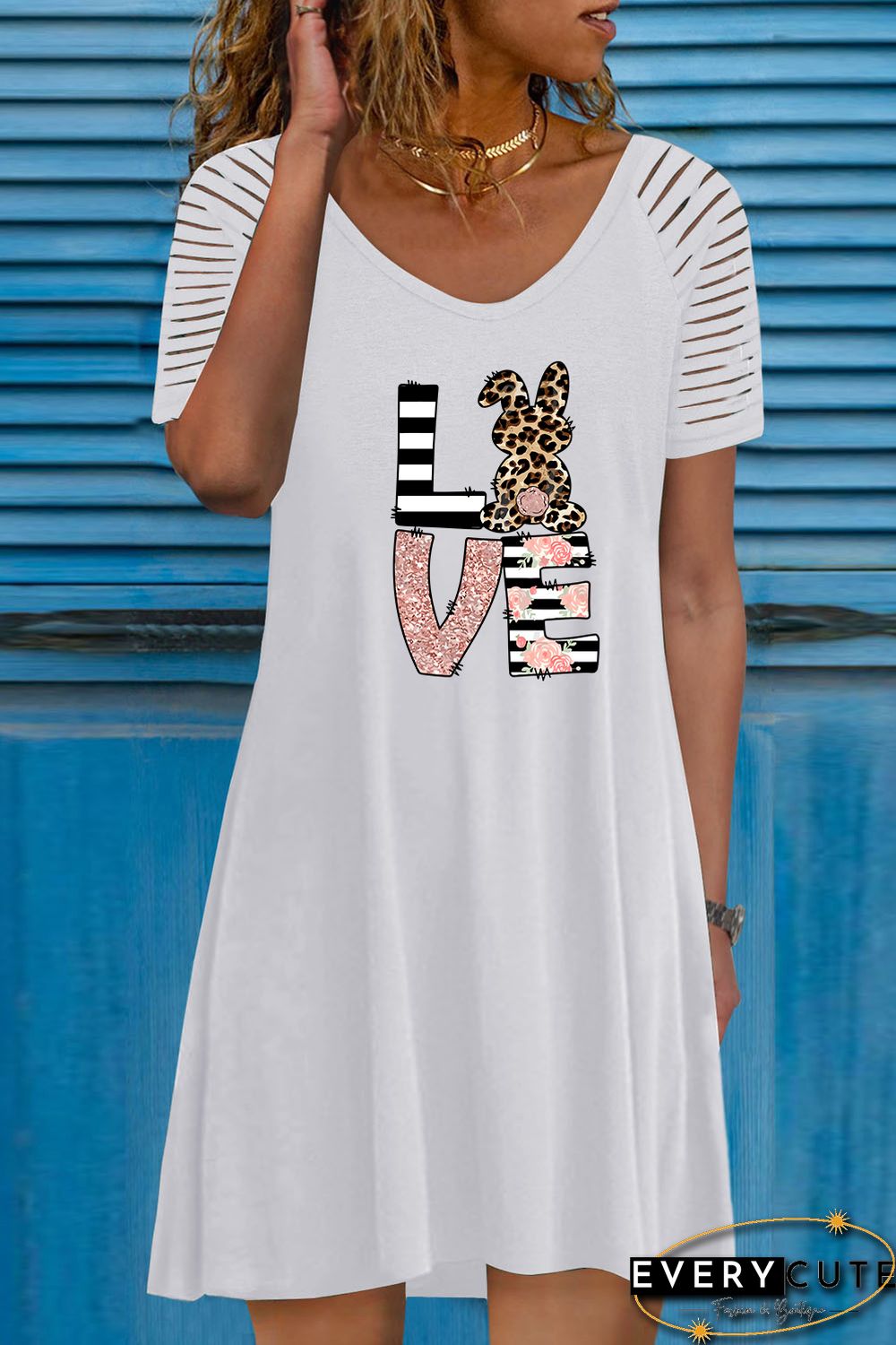 White LOVE Rabbit Leopard Striped Print Short Sleeve T-shirt
