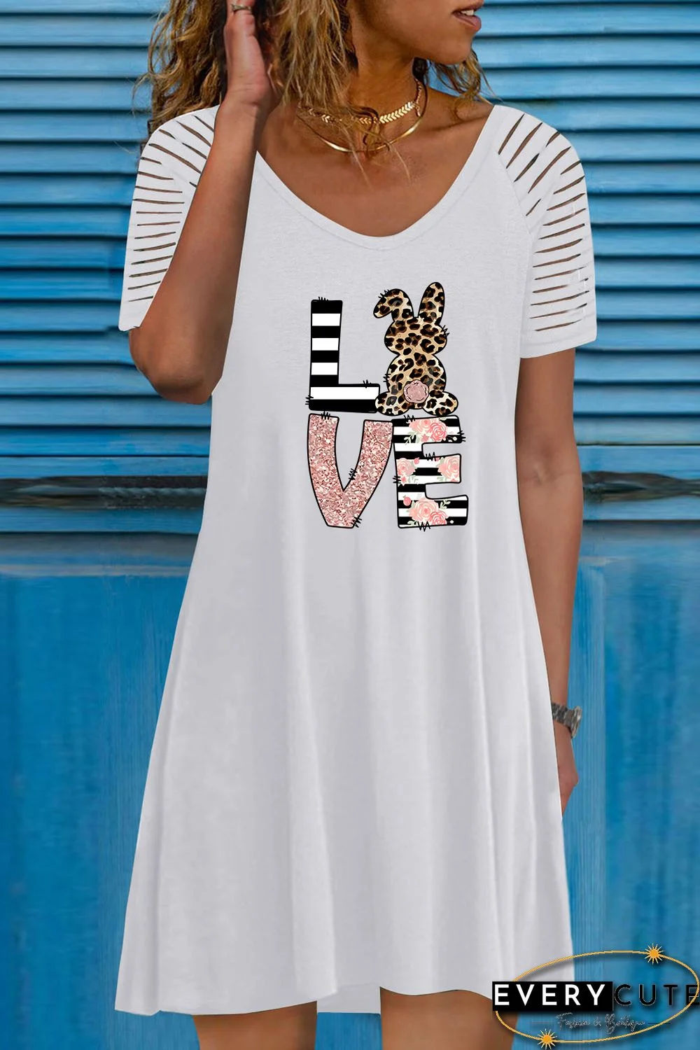 White LOVE Rabbit Leopard Striped Print Short Sleeve T-shirt