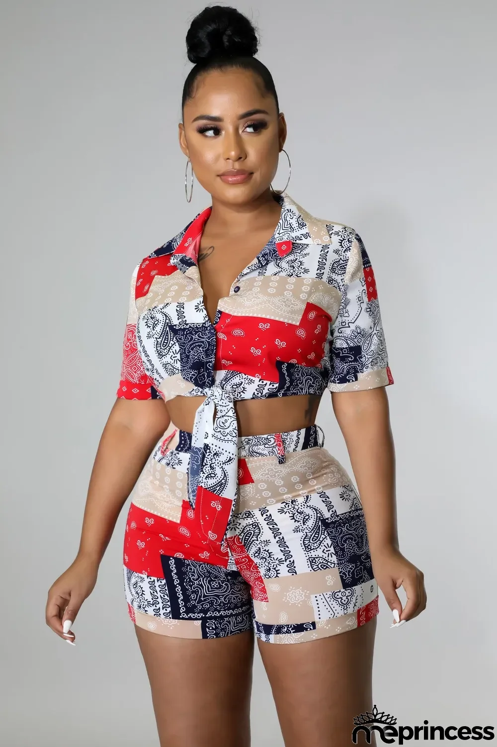 Ladies Fashion Casual Print Lace-Up Two Piece Set