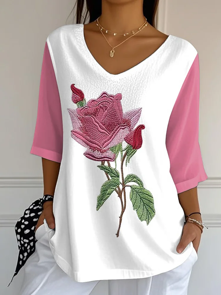 Women's Retro Breast Cancer Pink Rose Print Mid Sleeve T-shirt