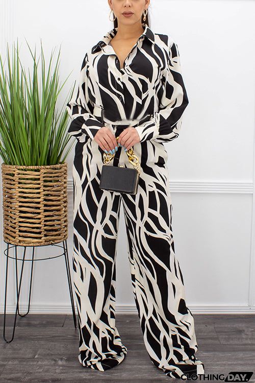 Turndown Collar Lace-Up Digital Print Jumpsuit