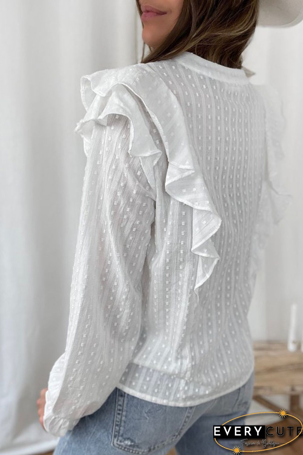 White Dotted Texture Sheer Ruffles Bubble Sleeves Shirt