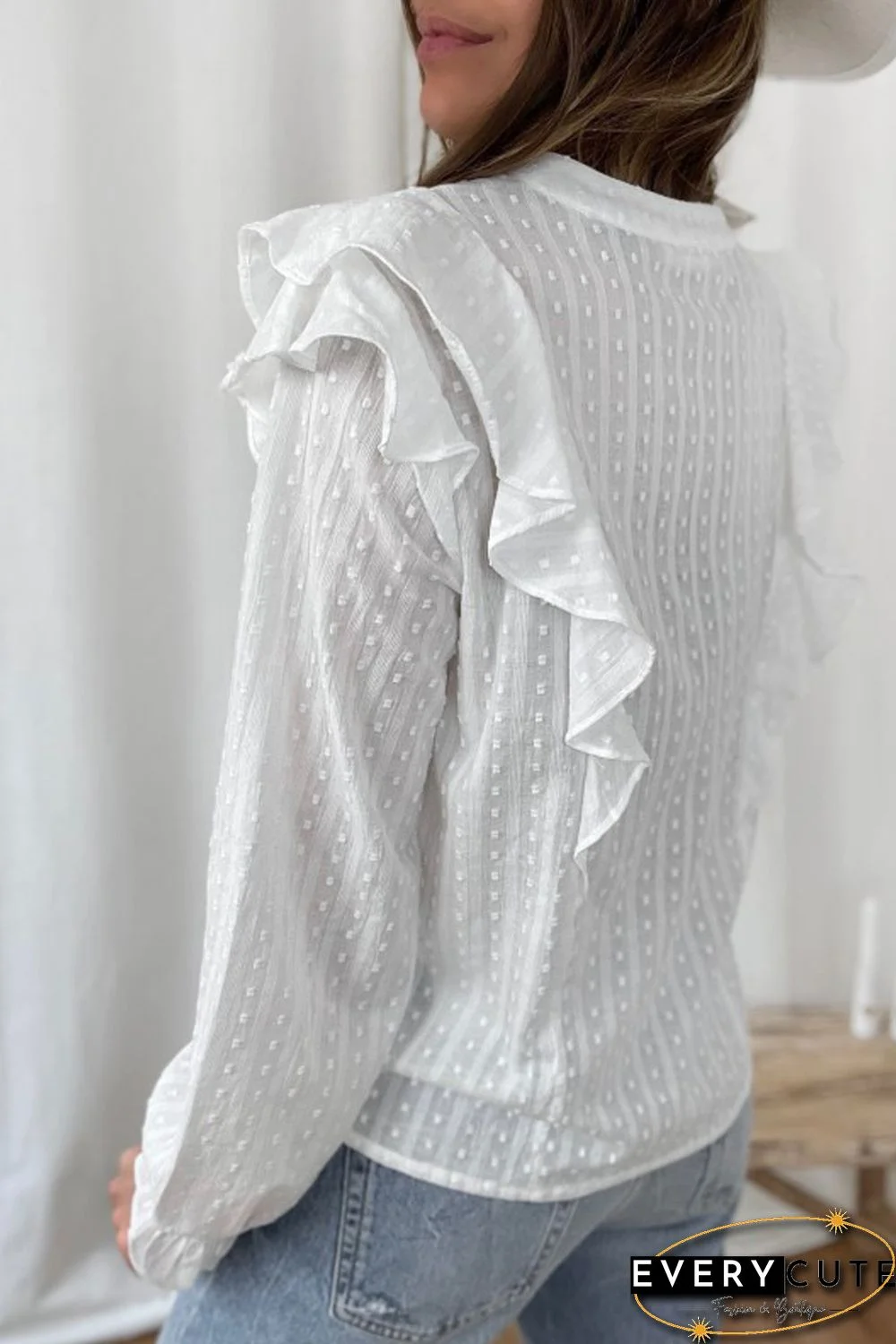 White Dotted Texture Sheer Ruffles Bubble Sleeves Shirt