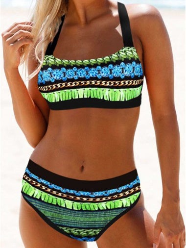 Women Sleeveless U-neck Printed Graphic Bikini Swimwear