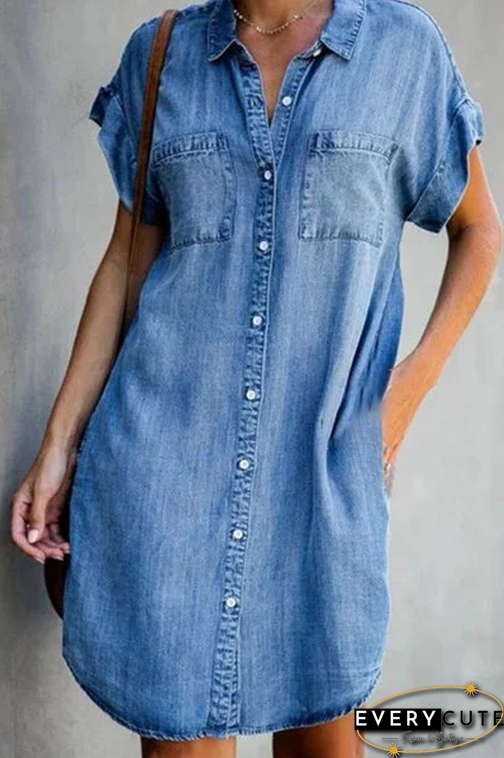 KarliDress Collar Plain Short Sleeve Denim Shirt Dresses P12472