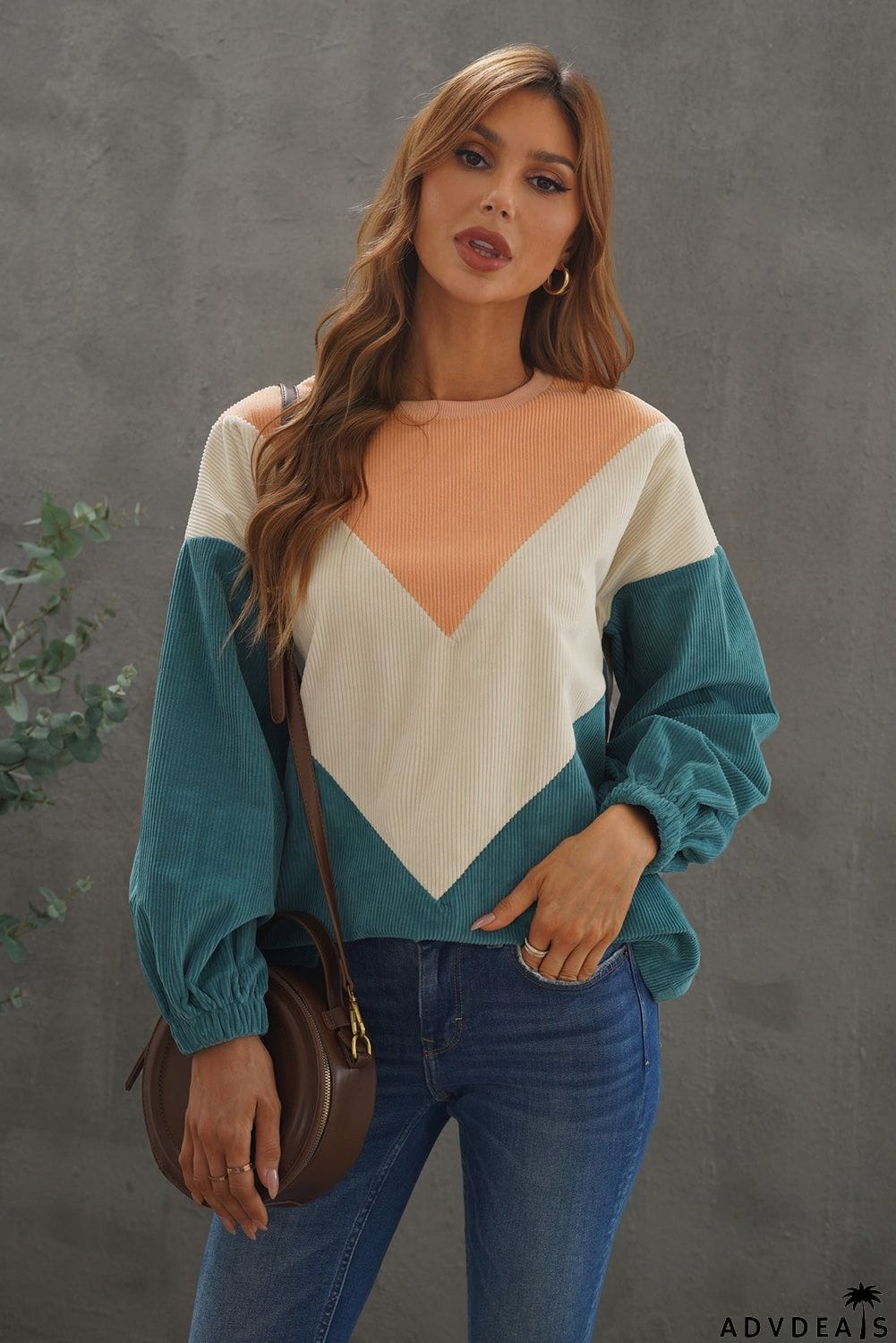 Colorblock Balloon Sleeve Corduroy Sweatshirt