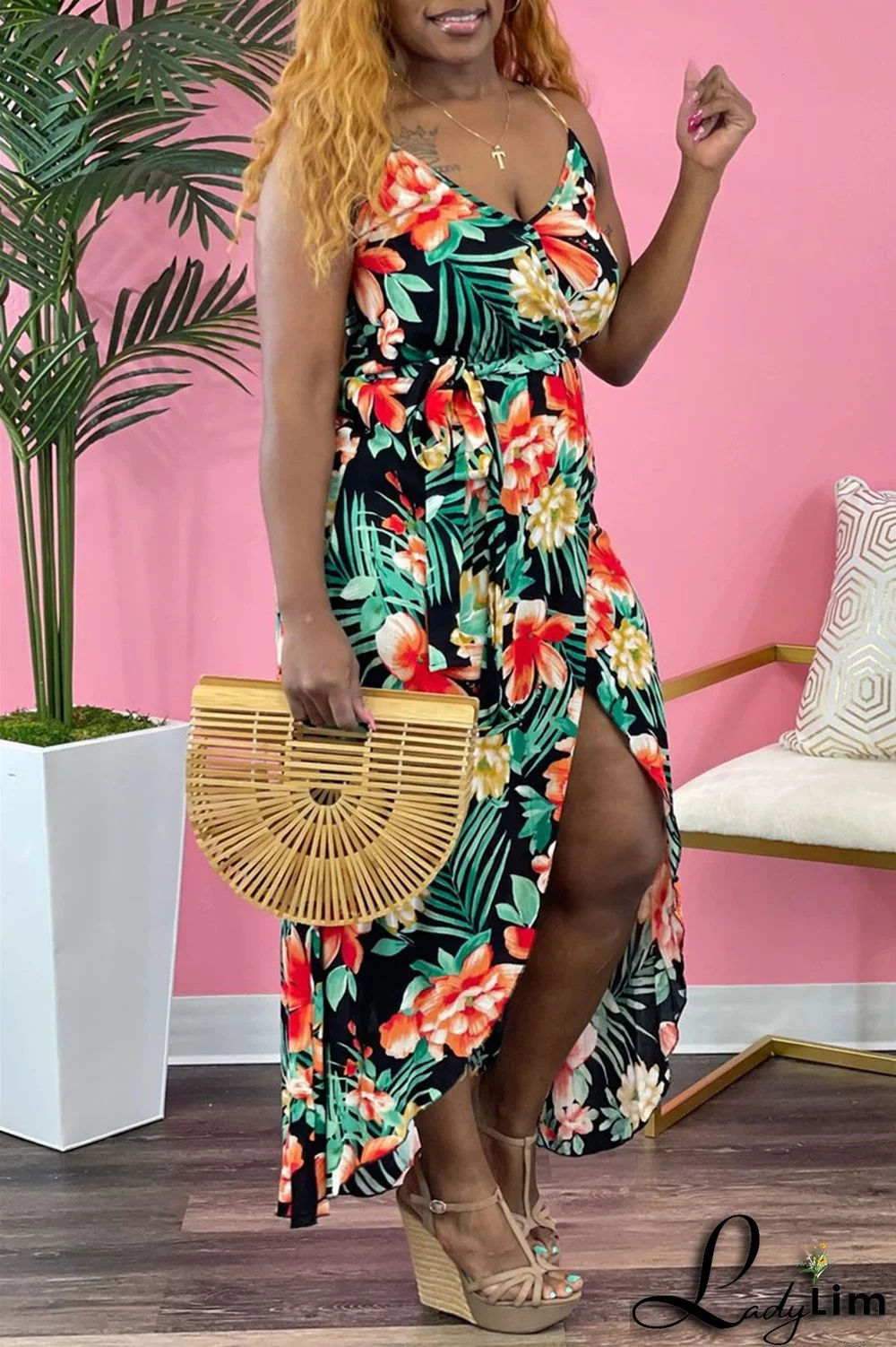 Green Sexy Casual Print Bandage Backless V Neck Sling Dress