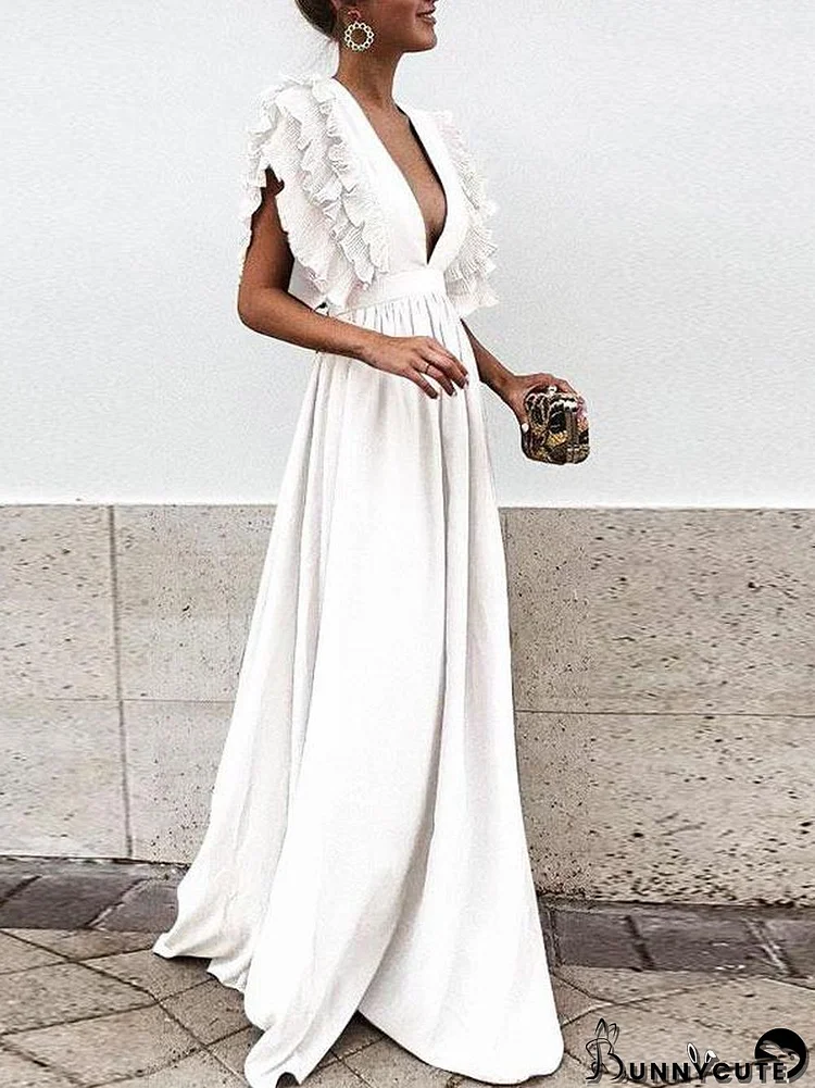 Flying Sleeves V-neck Open Back Solid Long Flowy Dress