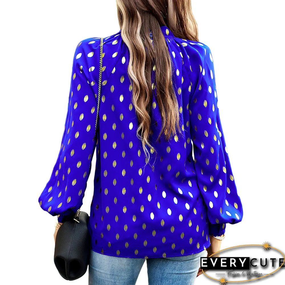 Royal Blue Notched Neck Pleated Cuffs Long Sleeve Tops