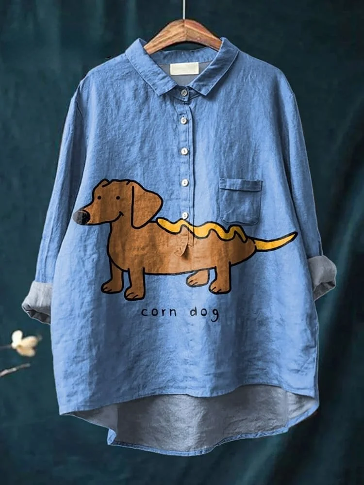 Vintage Lovely Corn Dog Art Print Casual Cotton And Linen Shirt