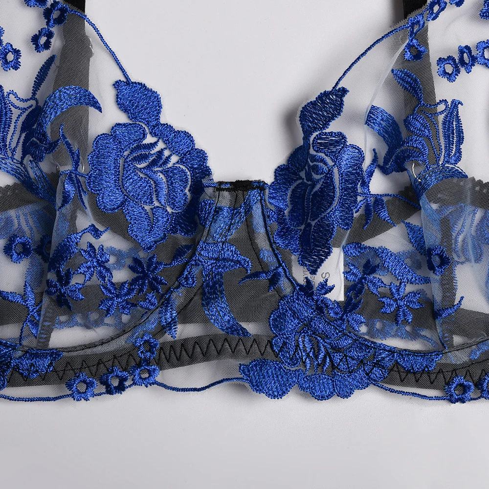 Billionm Bra and Panty Set Women Underwear Lace Lingerie 3pcs Open Cup See Through Thong Floral Embroidery Underwear Transparent Bra Set