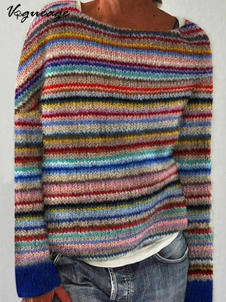 Retro Striped Patchwork Casual Long-Sleeved Knitted Sweater
