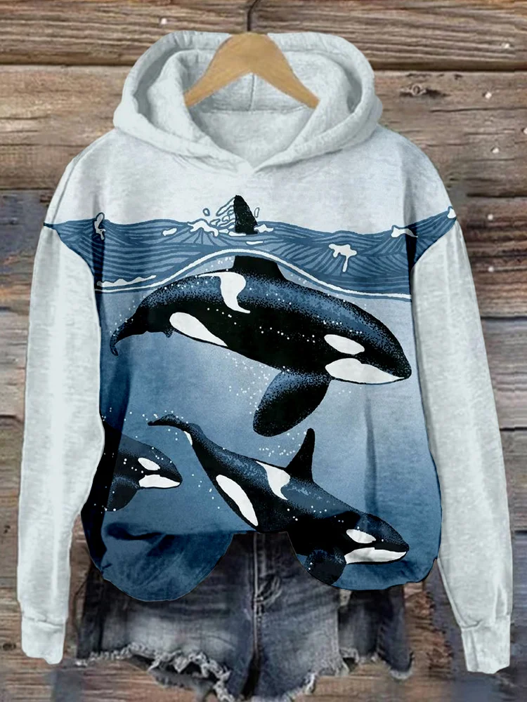 Whales & Waves Art Graphic Casual Cozy Hoodie