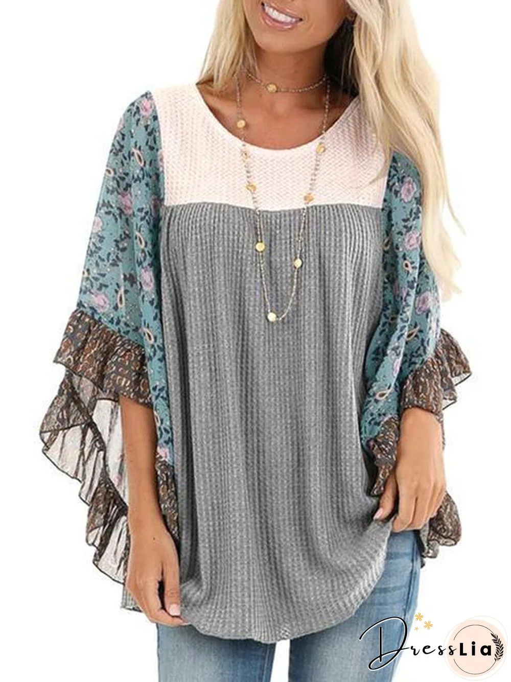 Floral Chiffon Sleeve Waffle Knit Blouse