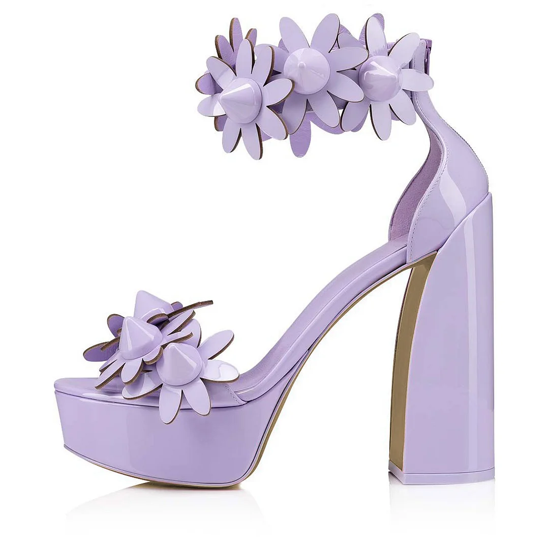 Purple Open Toe Sandals Flower Ankle Strap Chunky Heels Nicepairs