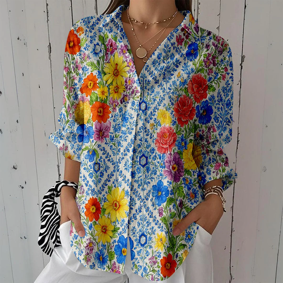 Style & Comfort for Mature Women Women Floral, Blue, Yellow DZCL0163 3/4 Sleeve Shirt Collar Printed Button Tops