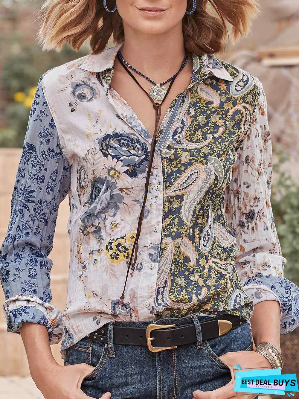 Paisley Loose Shirt Collar Casual Blouse