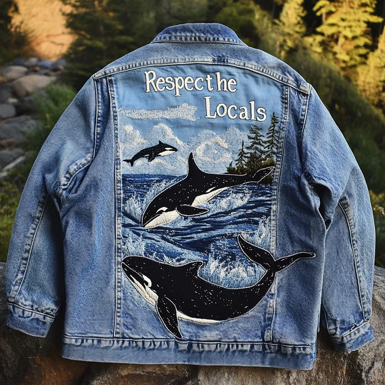 VChics Retro Respect The Locals Waves And Killer Whales Embroidered Art Denim Jacket