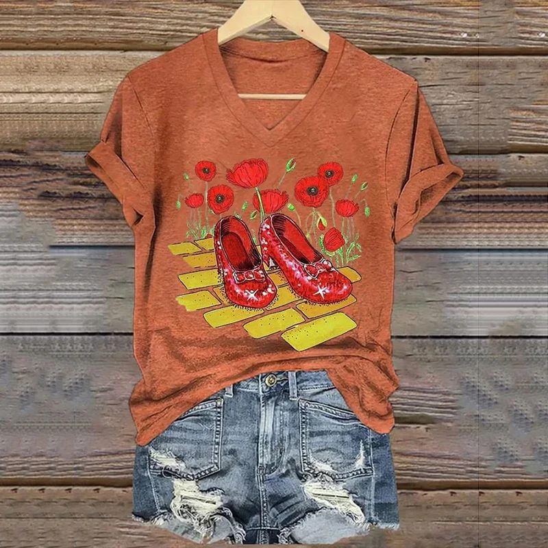 Classic Ruby Red Shoes Floral Painting V-Neck T-Shirt