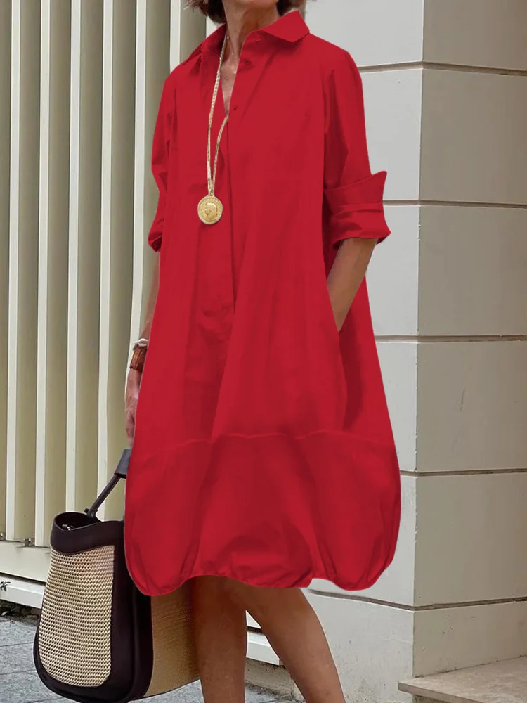 Long Sleeves Loose Solid Color Lapel Collar Midi Dresses