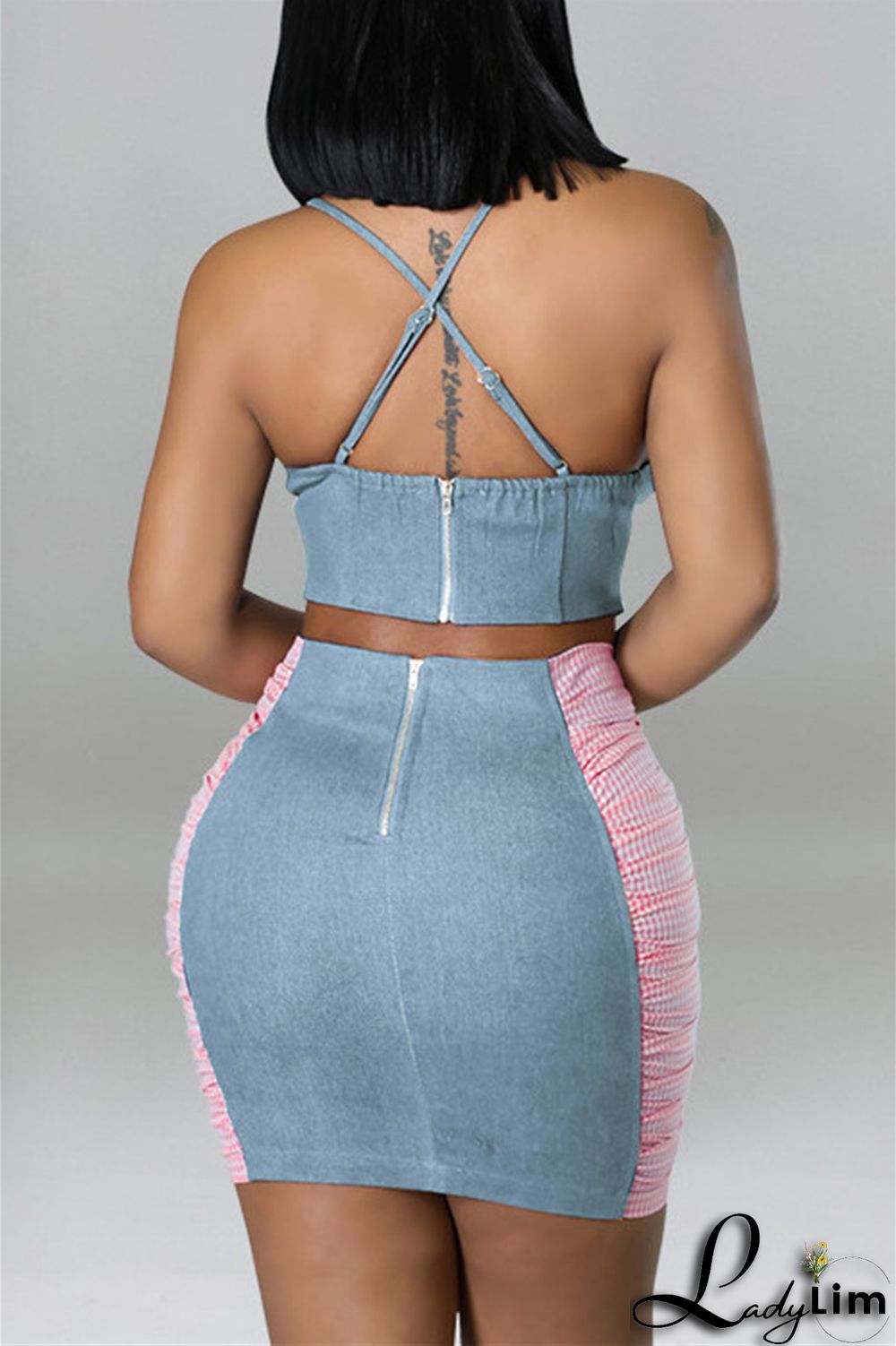 Black Fashion Sexy Plaid Patchwork Backless Asymmetrical Spaghetti Strap Sleeveless Two Pieces