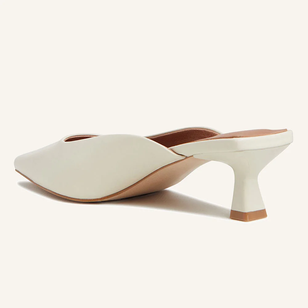 Women's Casual Ivory Pointed Toe Slip-On Kitten Heeled Mules