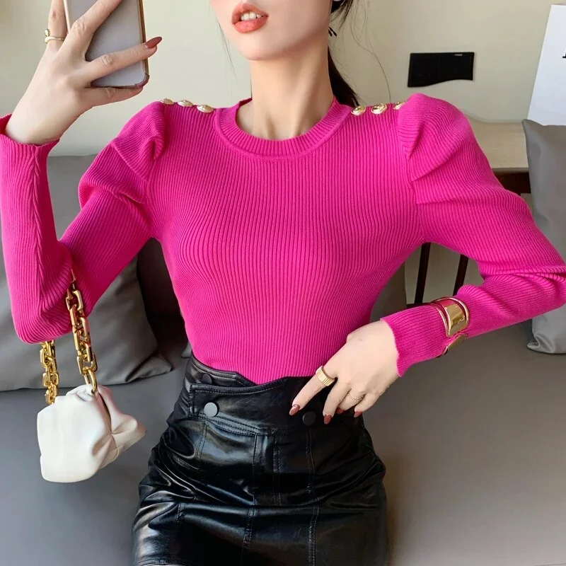 Ueong Puff Long Sleeve Knitted Sweater Pullovers Girls Solid Buttons O-neck Streetwear Winter Sweaters Tops Jumpers Women