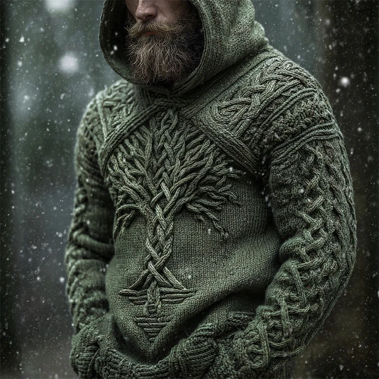 Mystical Norse Mythology Tree Of Life Men's Chunky Knit Hooded Sweater