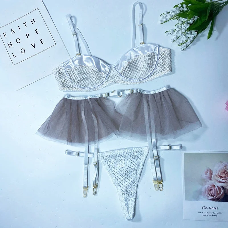 MIRABELLE Luxury Sexy Lingerie 3-Piece Lace Padded Bra Underwear Ruffled Short Skin Care Kits Garters Thong Delicate Erotic Sets