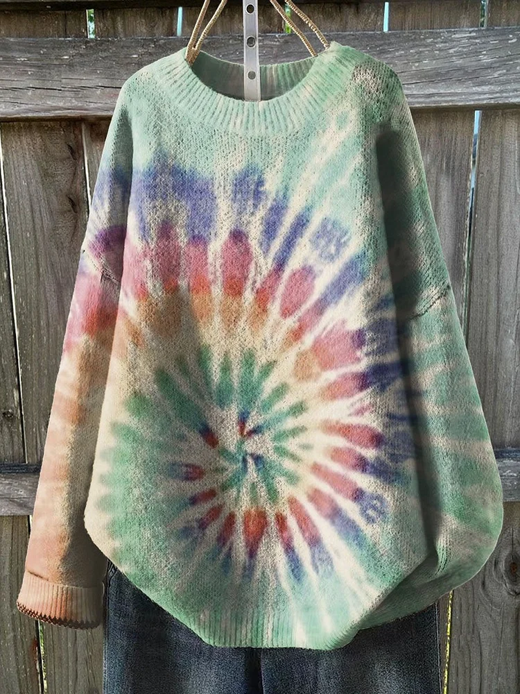 Retro Colorful Tie Dye Print Knit Pullover Sweater