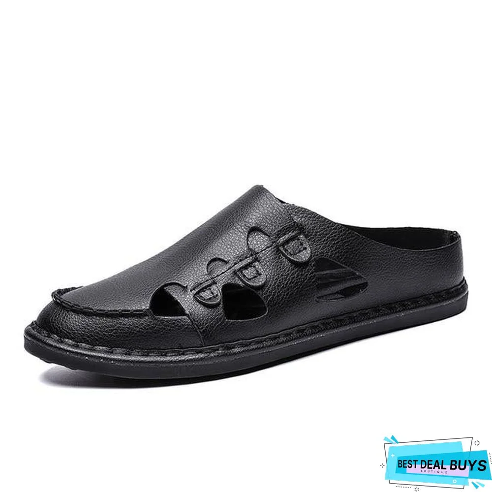 Men's Genuine Leather Sandals Shoes Summer Leisure Beach Sandals Slippers