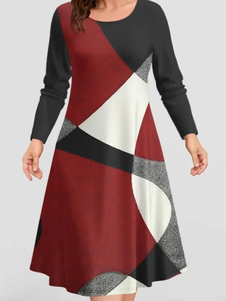 Women's Graphic Stitching Print Scoop Neck  Long Sleeve Midi Dress