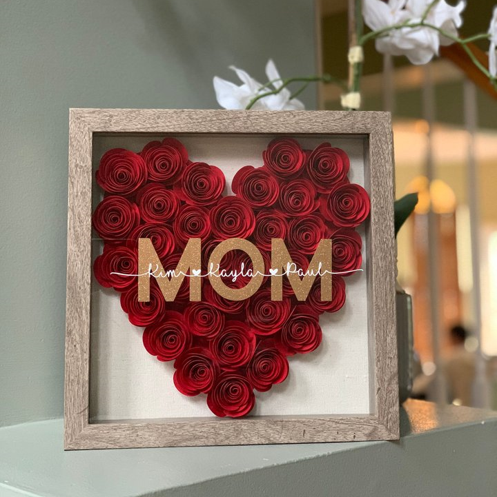Meema Mom Heart Shaped Paper Flower Shadow Box with Kids Name Shadow Box, Mother’s Day Gifts, Mother’s Birthday Gift, Mom